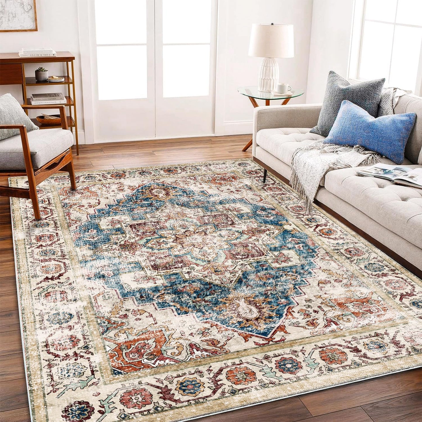 CHAMPLANT Washable Vintage Area Rug 6'x9' Boho Beige Blue Chic Medallion Distressed Design Non-Shedding Easy Care Ideal for High Traffic Areas in Living Room Bedroom Kitchen Office Large Carpet
