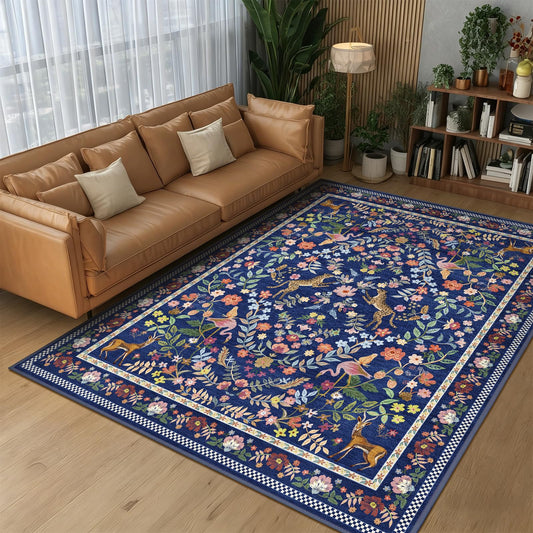 Acetiamin 5x7 Machine Washable Area Rug, Non-Slip Vintage Animal Floral Rug for Kids, Low Pile Carpet for Living Room Bedroom Dining Room Nursery (Navy Blue)