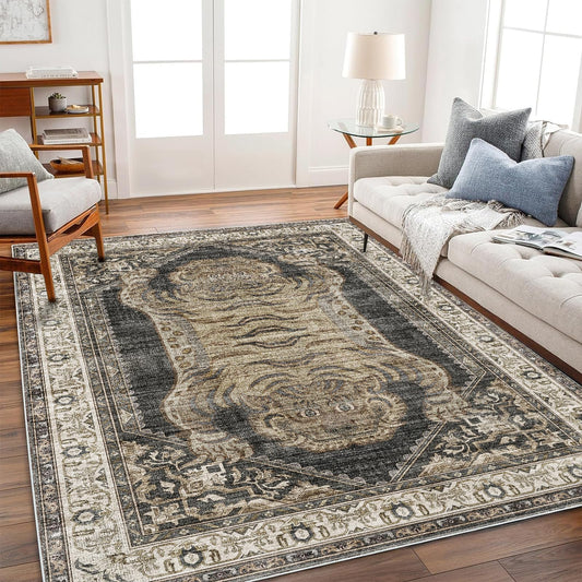 CHAMPLANT Washable Area Rug 3'x5' Vintage Traditional Floor Cover Foldable Thin Rugs Retro Kitchen Indoor Distressed Non Slip Carpet Floral Print Mat Bedroom Living Room