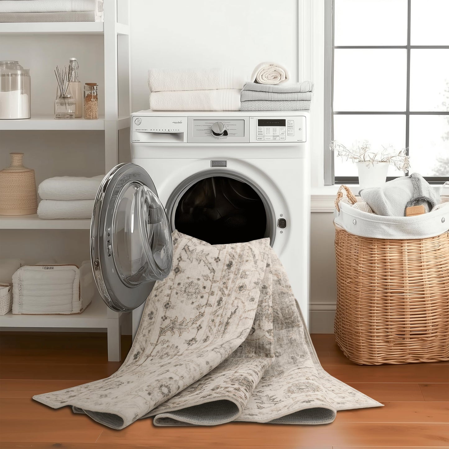 ReaLife Rugs Machine Washable Area Rug - Living Room Bedroom Bathroom Kitchen Entryway Office - Padded Low Pile Stain Resistant Premium - Boho Farmhouse Vintage - Joy - Beige Ivory 5' x 7'