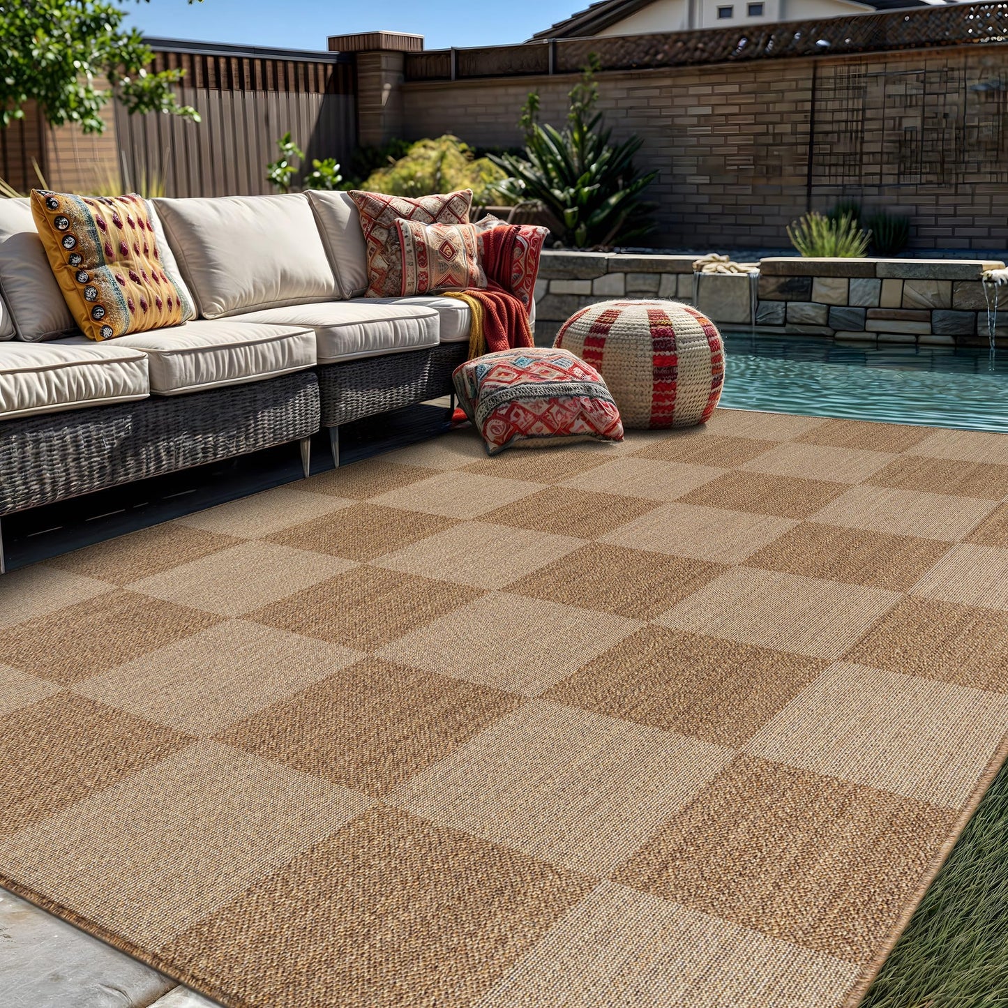 Rugshop Checkered Boxes Indoor Outdoor Flat Woven Area Rug,Natural Jute-Style,Easy-Care Patio Rug for Backyard Porch Deck Balcony, 7'10" x 10' Sand/Natural