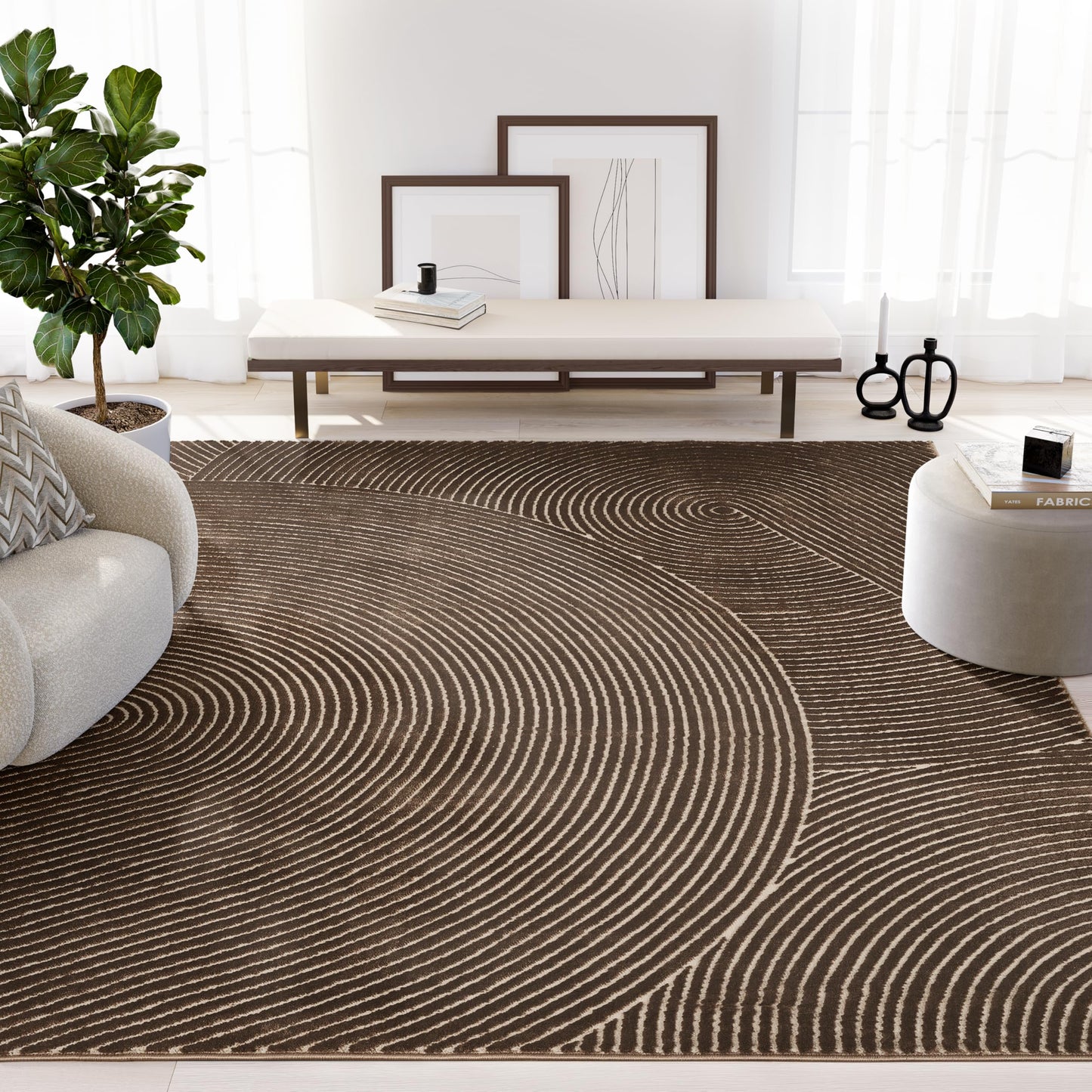 Abani Neutral Collection Brown Area Rug 4' x 6' for Living Room, Bedroom - Mid-Century Concentric Circle Design - Durable & Easy to Clean