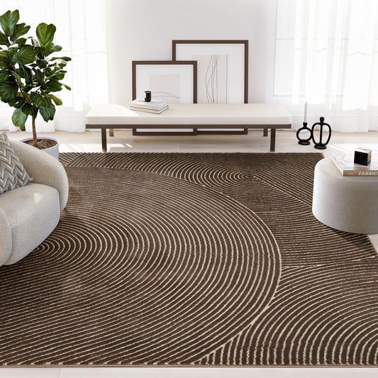 Abani Neutral Collection Brown Area Rug 4' x 6' for Living Room, Bedroom - Mid-Century Concentric Circle Design - Durable & Easy to Clean