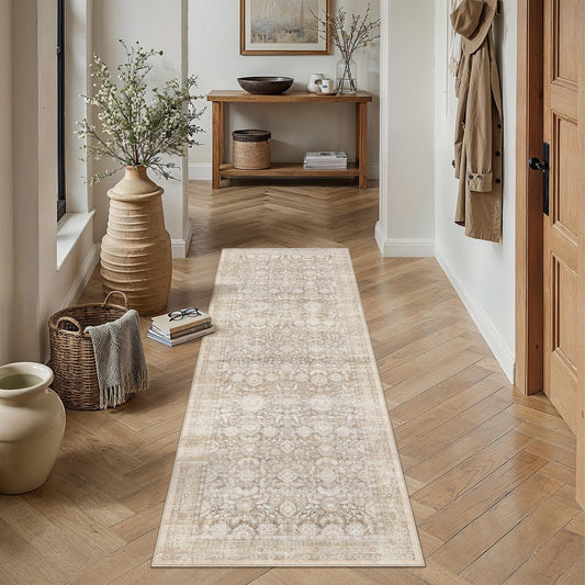 WondRg 2x5 Beige Washable Neutral Runner Rug for Living Room Floral Non Slip Low Pile Runner Indoor Vintage Traditional Stain Resistant Distressed Carpet Kitchen Bedroom Dining Room Hallway Bathroom