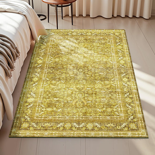 OPPODREAM Vintage Yellow Area Rugs 3x5, 3 x 5 Retro Washable Rug Non Slip, Low-Pile Faux Wool Carpet, Distressed Floor Mat for Living Room, Bedroom, Kitchen, Office, Dorm, Dinning Room
