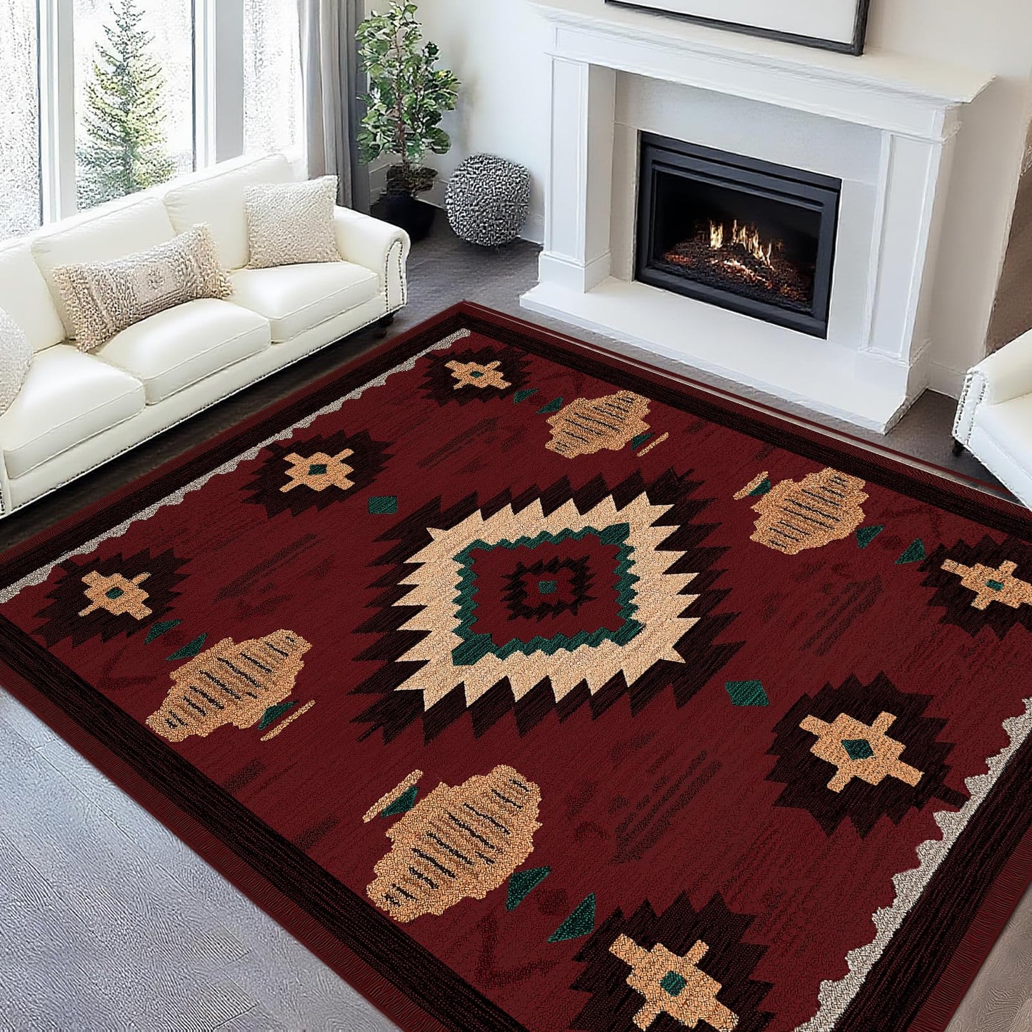8x10 Area Rug for Living Room Western Rug Aztec Southwestern Rugs Machine Washable Tribal Navajo Southwest Rug Non Slip Printed Low-Pile Indoor Floor Carpet for Dining Room Bedroom Office, Red