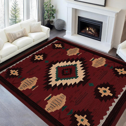 8x10 Area Rug for Living Room Western Rug Aztec Southwestern Rugs Machine Washable Tribal Navajo Southwest Rug Non Slip Printed Low-Pile Indoor Floor Carpet for Dining Room Bedroom Office, Red