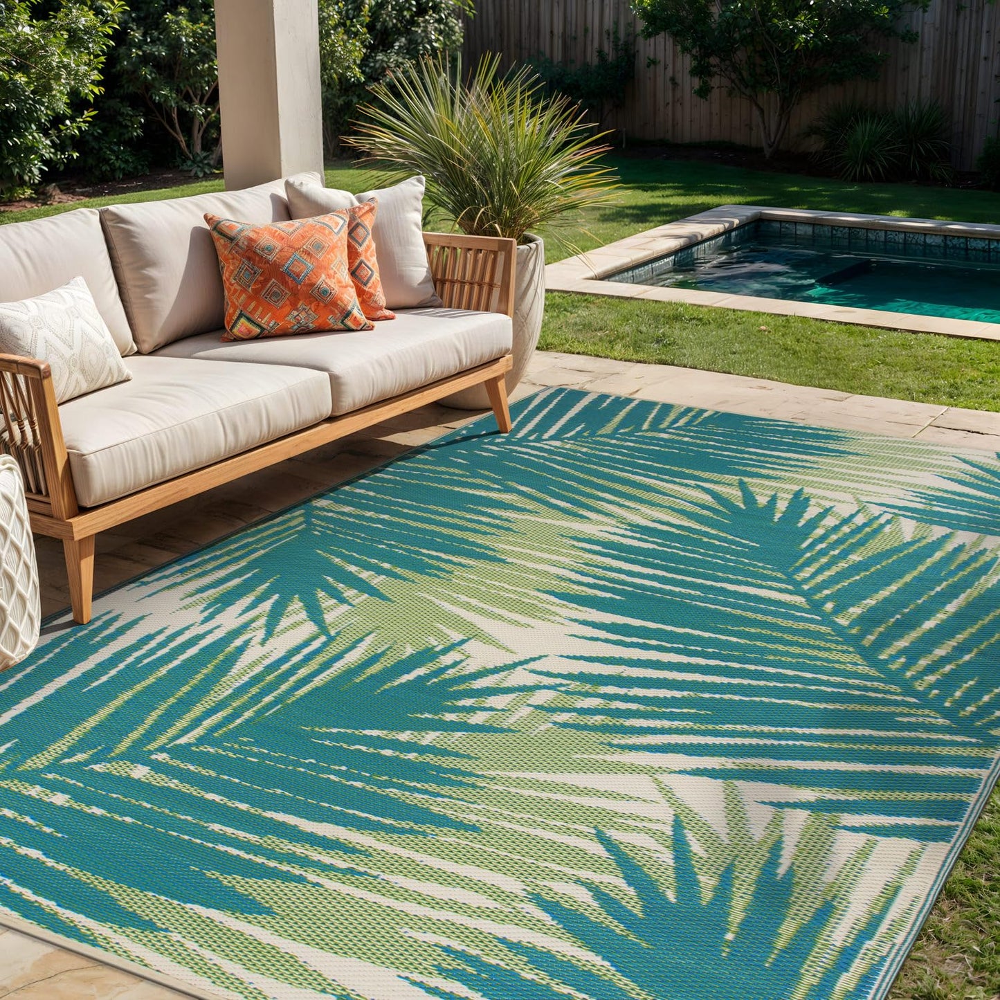Rugshop Tropical Floral Reversible Crease-Free Waterproof Premium Recycled Plastic Outdoor Rugs for Patio,Backyard,RV,Deck,Picnic,Trailer,Beach,Camping Green 5' x 7'