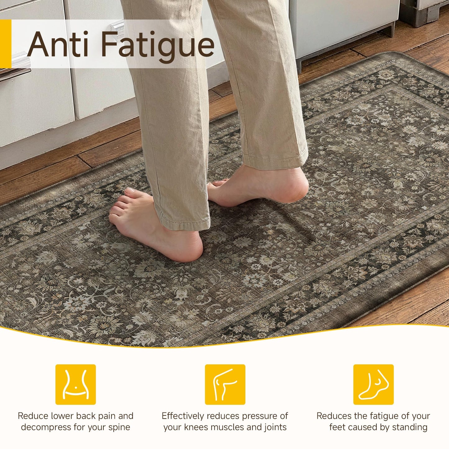 HUGEAR Kitchen Mats Set 2 PCS Brown Washable Non Slip Kitchen Runner Rug Waterproof Floral Cushioned Anti Fatigue Floor Mats for Sink Home Decor Laundry Room Office