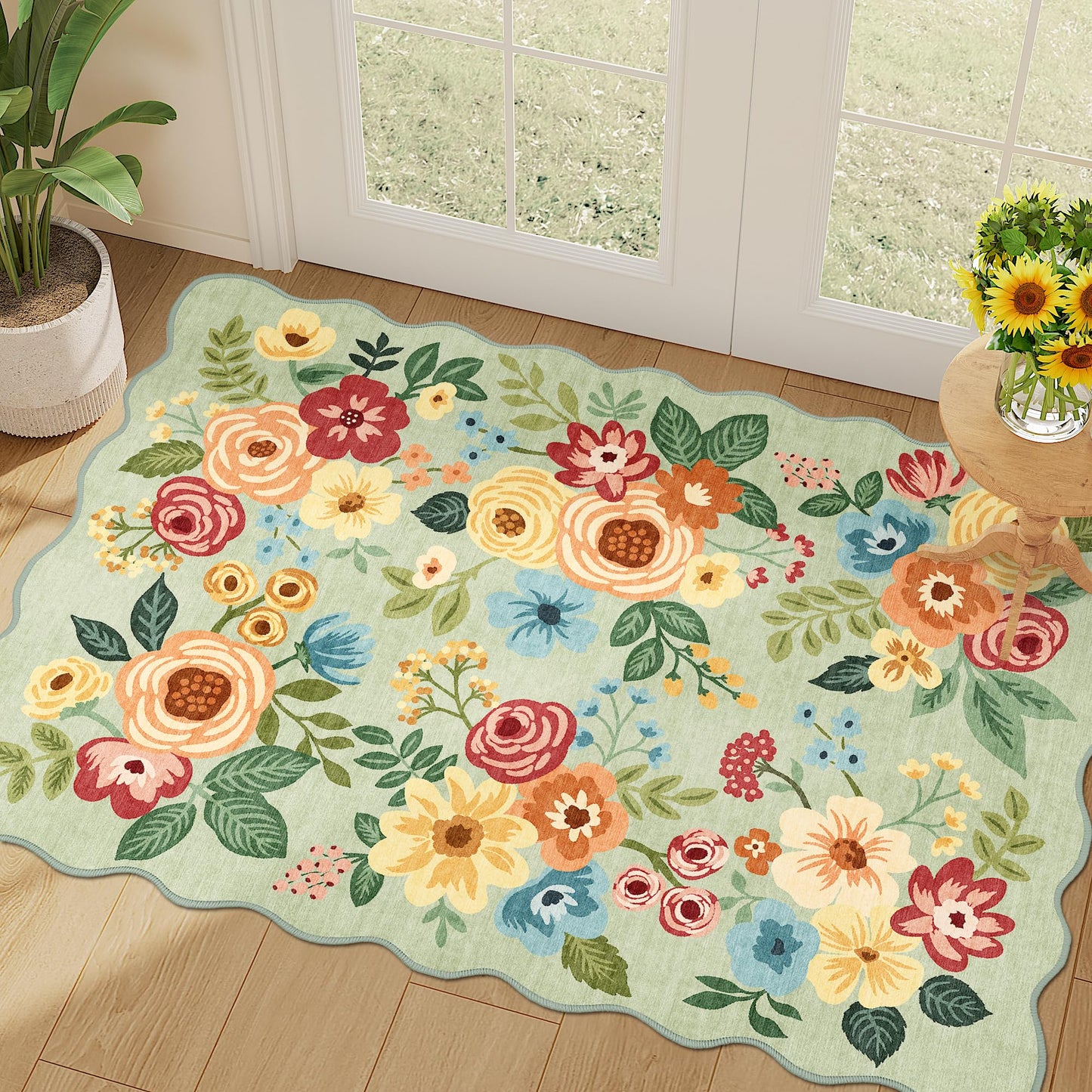 DUKINO 2x3 Entryway Rug, Floral Washable Indoor Door Mat with Non-Slip Backing, Soft Low Pile Small Front Door Throw Rugs for Entryway, Kitchen, Bedroom, Laundry, Bathroom, Green