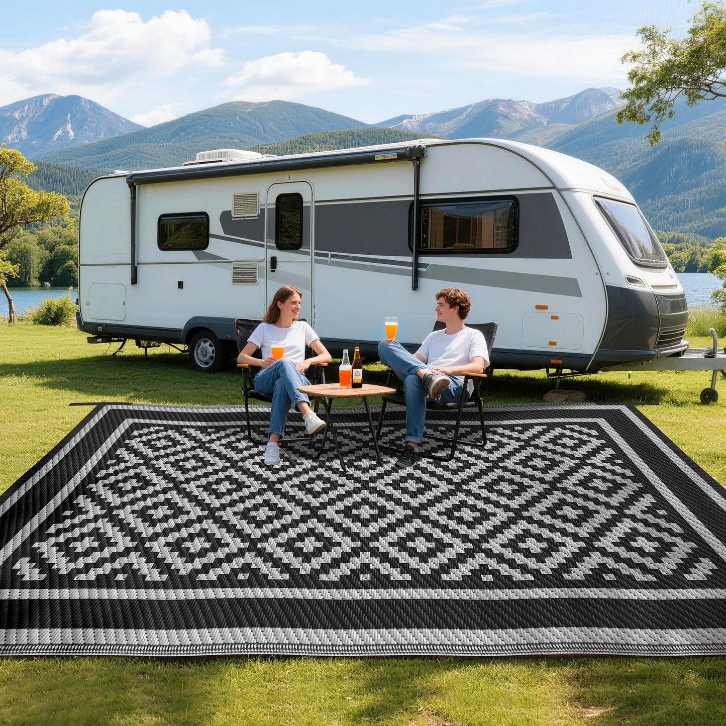Kohree RV Outdoor Rug 8x10 Reversible, Waterproof Patio Mat with 4 Stakes & UV Fade Resistant, Non-Slip Outdoor Camping Mat for Deck, Picnic, Backyard, Includes Carry Bag (Black & Grey)