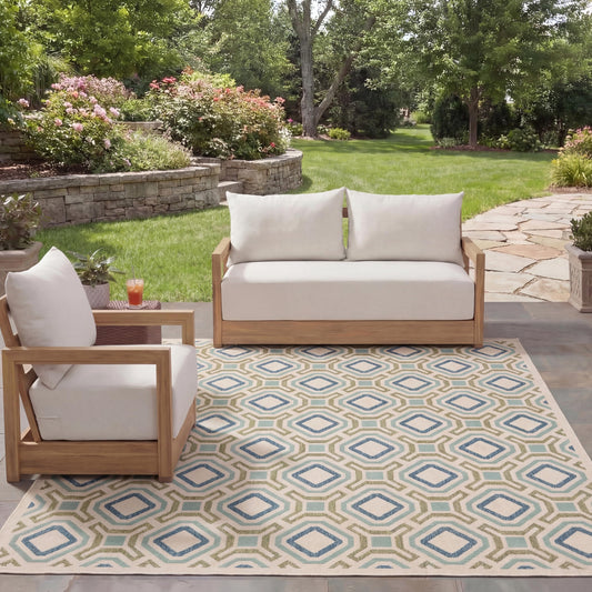 SAFAVIEH Washable Rug Outdoor Veranda Collection - 8' x 11', Cream & Green, Non-Shedding & Easy to Clean, Ideal for Patio, Backyard, Mudroom (VER089-0614)