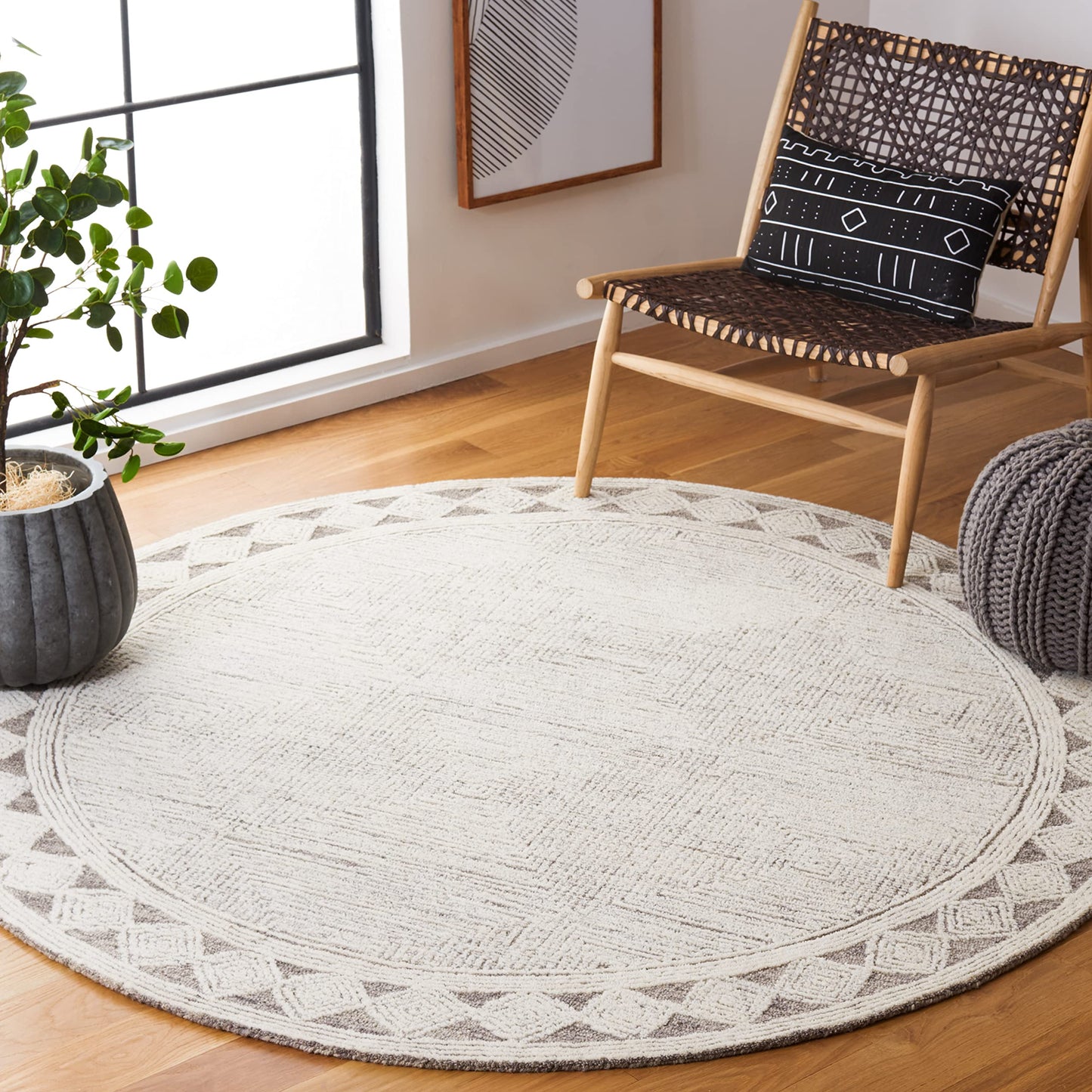 SAFAVIEH Abstract Collection 6' Round Ivory/Grey ABT349F Handmade Premium Wool Area Rug