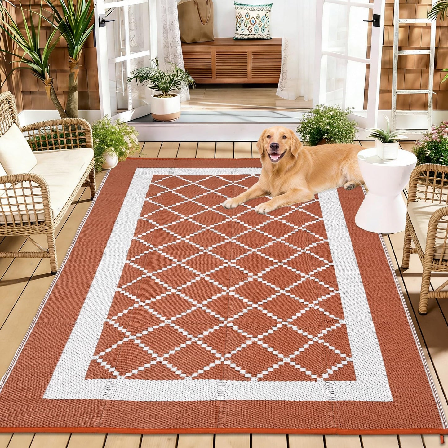 MilleLoom 9x12 Outdoor Rug Waterproof Foldable Plastic Straw Carpet for Patio Porch Modern Geometric Reversible Mat Lightweight Floor Mat for Picnic, Backyard, Rv, Beach, Deck, Camper, Balcony，Orange