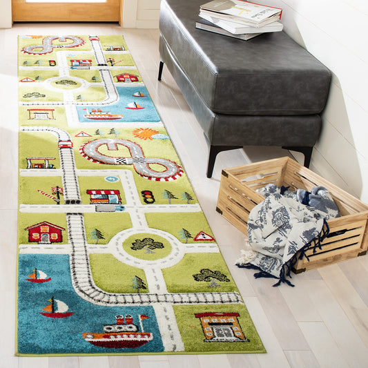 SAFAVIEH Carousel Kids Collection 2'3" x 6' Green/Ivory CRK192Y Neighborhood Road Non-Shedding Playroom Nursery Bedroom Runner Rug
