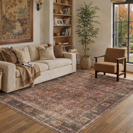 5x7 Washable Rug for Living Room Brick Red Large Vintage Distressed Dining Room Rug Low Pile Non-Slip Soft Carpets for Bedroom Dining Room Home Office Indoor