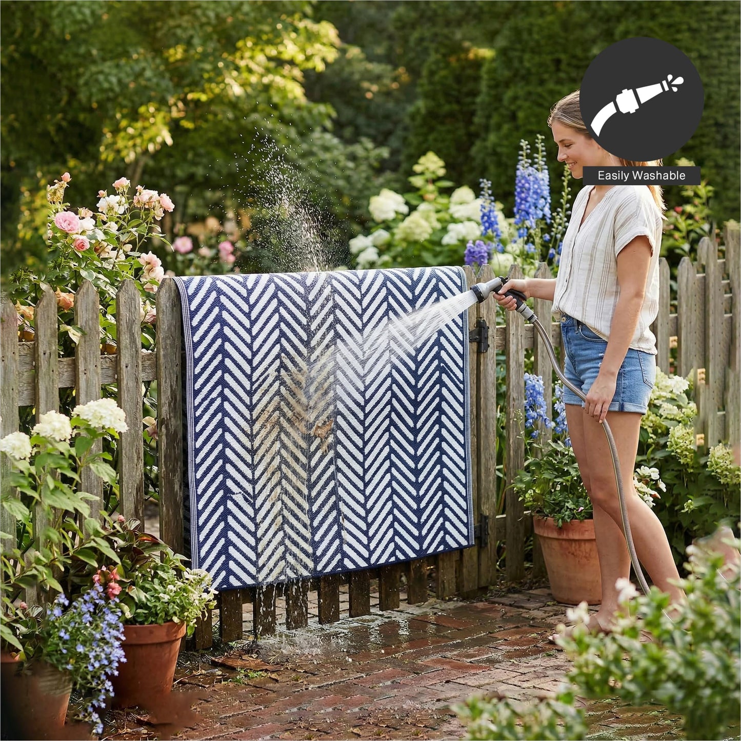 FH Home Outdoor Rug - Waterproof, Fade Resistant, Reversible - Premium Recycled Plastic - Herringbone - Patio, Deck, Porch, Balcony, Laundry Room - Fresno - Navy Crease Free - 4 x 6 ft