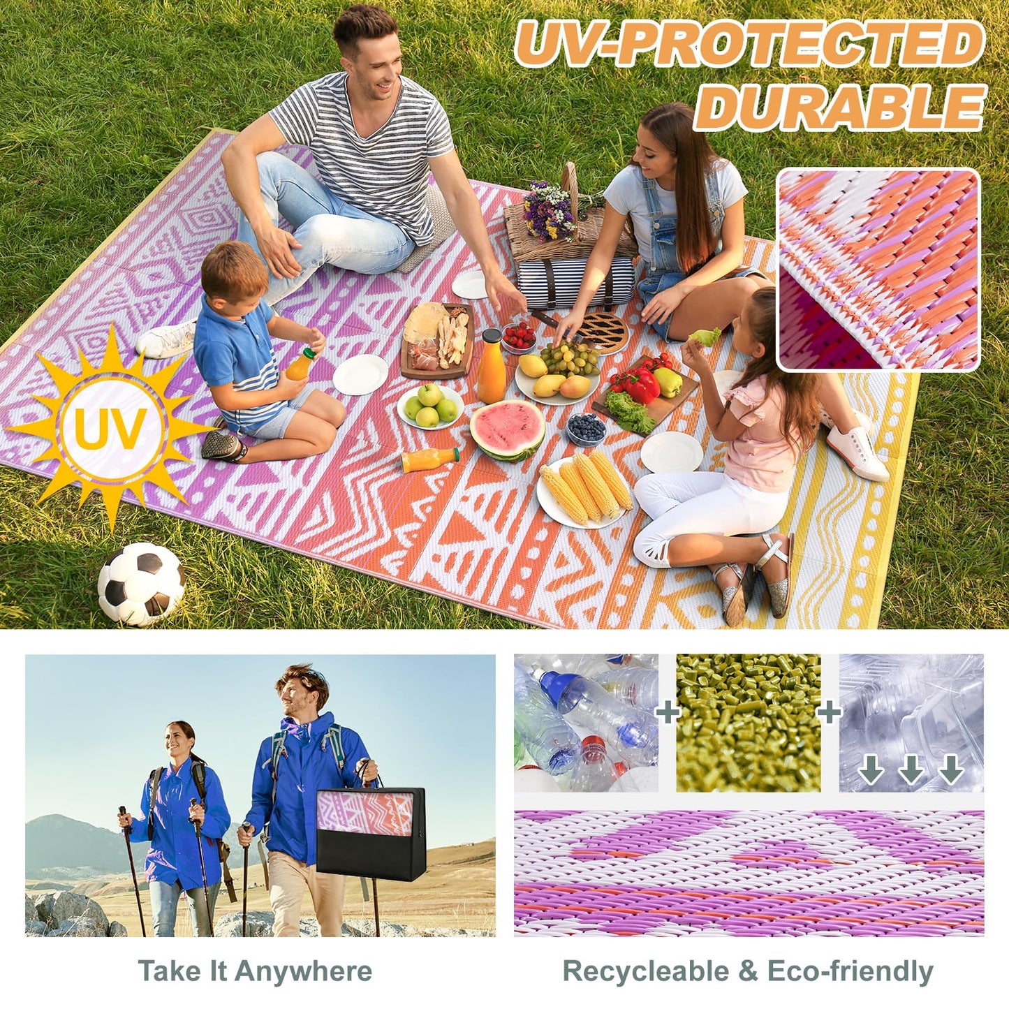 Lahome Outdoor Rug 8x10 Patio Waterproof, Reversible Outdoor Plastic Straw Rug for Camping, RV Patio Rugs Outside Large Carpet for Porch Deck Backyard Picnic(Orange/Purple,8'x 10')