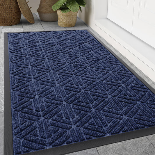 Smiry Front Door Mat Outside Entrance, Heavy Duty Sturdy Natural Rubber Doormat, Trap Dirt and Moisture, Easy Clean Low Profile Mats for Indoor Outdoor Entry, Grid Geometric (47x32, Navy Blue)