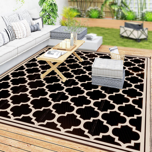 Outsunny Reversible Outdoor Rug, 9' x 12' Waterproof Plastic Straw Floor Mat, Portable RV Camping Carpet, Large Floor Mat for Backyard, Deck, Picnic, Beach, Black & Beige
