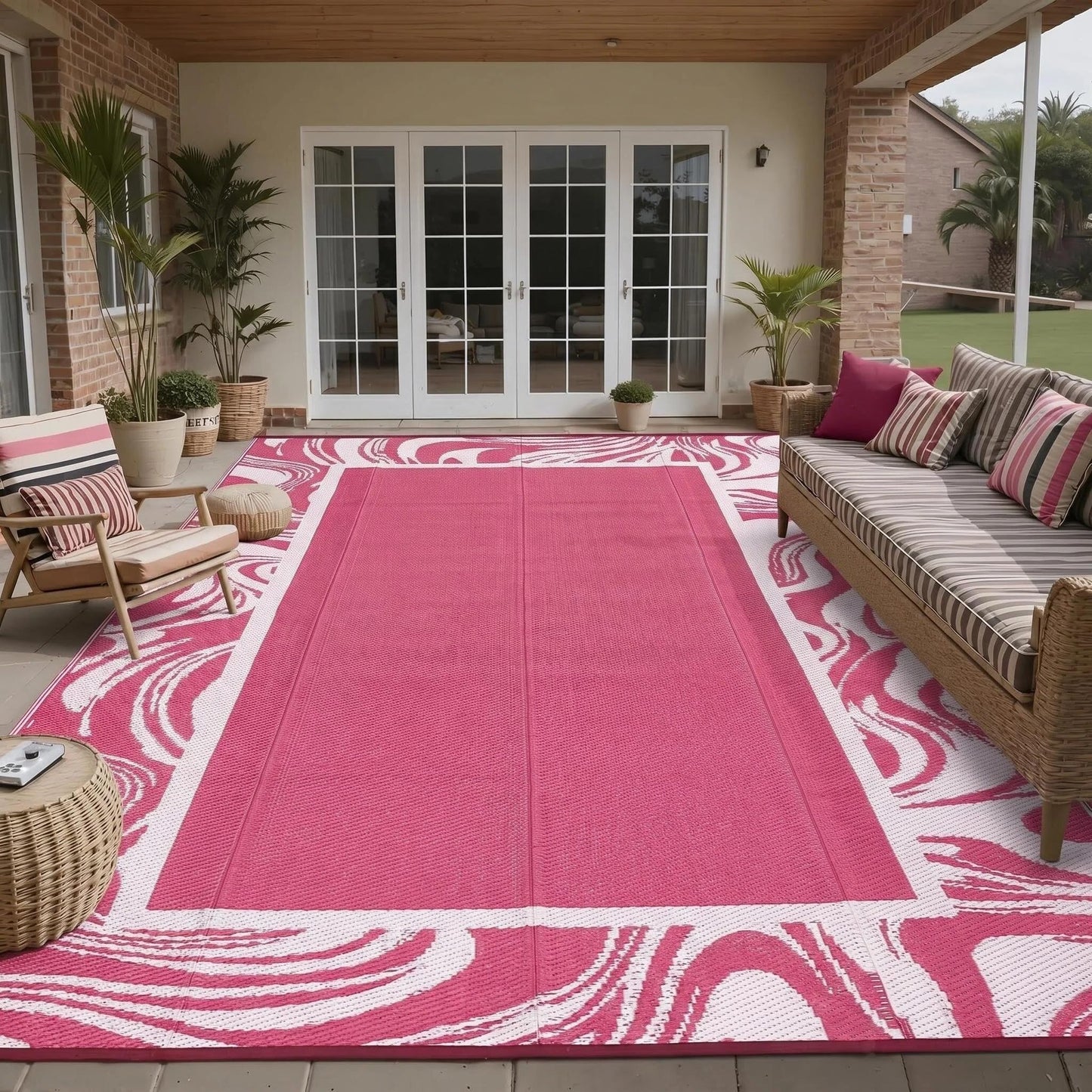 Garvee 5x8 Pink Waterproof Outdoor Rug Reversible Quick Dry Weather Resistant Plastic Straw Patio Rug for Deck,Porch,RV,Camping,Balcony,Beach, Foldable Outdoor Carpet Easy to Clean, Pink White