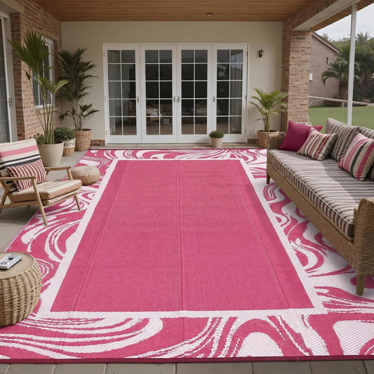 Garvee 5x8 Pink Waterproof Outdoor Rug Reversible Quick Dry Weather Resistant Plastic Straw Patio Rug for Deck,Porch,RV,Camping,Balcony,Beach, Foldable Outdoor Carpet Easy to Clean, Pink White