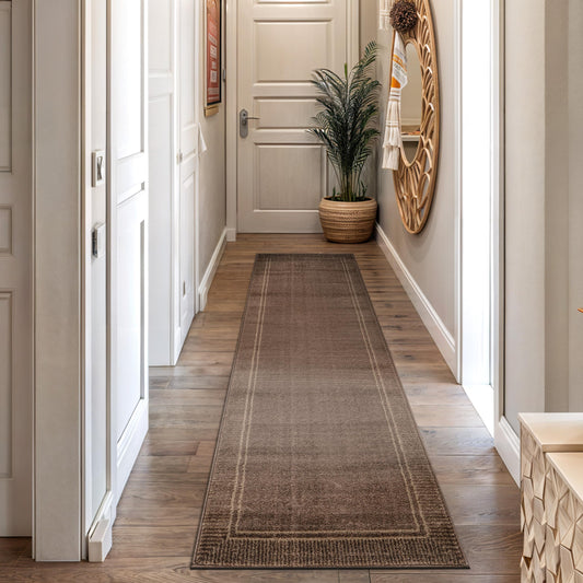 Rugshop Modern Distressed Bordered Indoor Runner Rug for Hallway,Entryway,Kitchen Rug Low Pile Rug with Jute Backing 2' 3" x 8' Brown