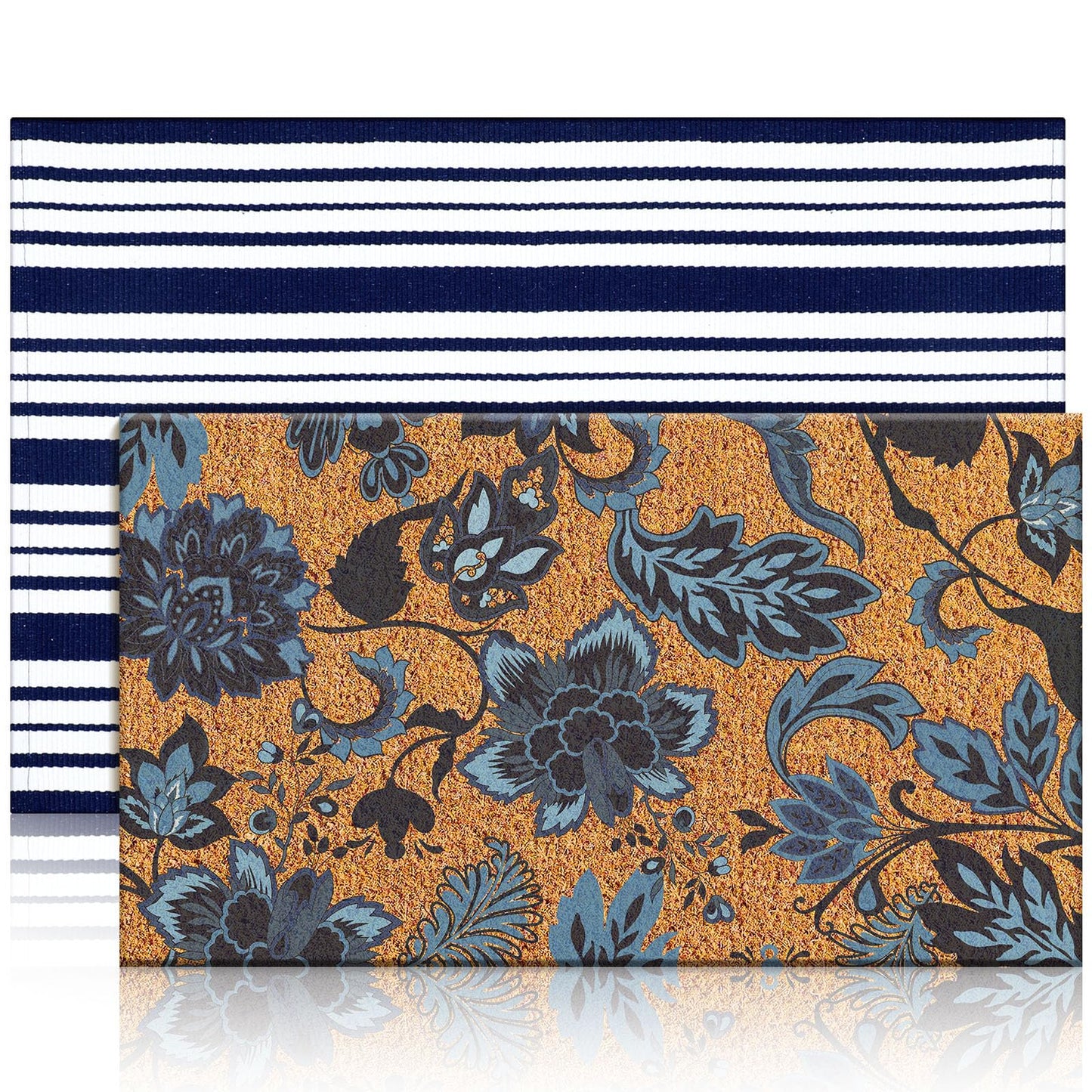 Moucuny 2 Pcs Navy Blue Coir Doormat Outdoor Navy Blue and White Checked Rug Doormats Indoor Outdoor Rugs for Layered Front Door Mats, Porch, Kitchen, Farmhouse, Entryway