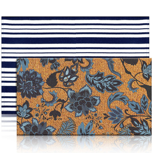 Moucuny 2 Pcs Navy Blue Coir Doormat Outdoor Navy Blue and White Checked Rug Doormats Indoor Outdoor Rugs for Layered Front Door Mats, Porch, Kitchen, Farmhouse, Entryway