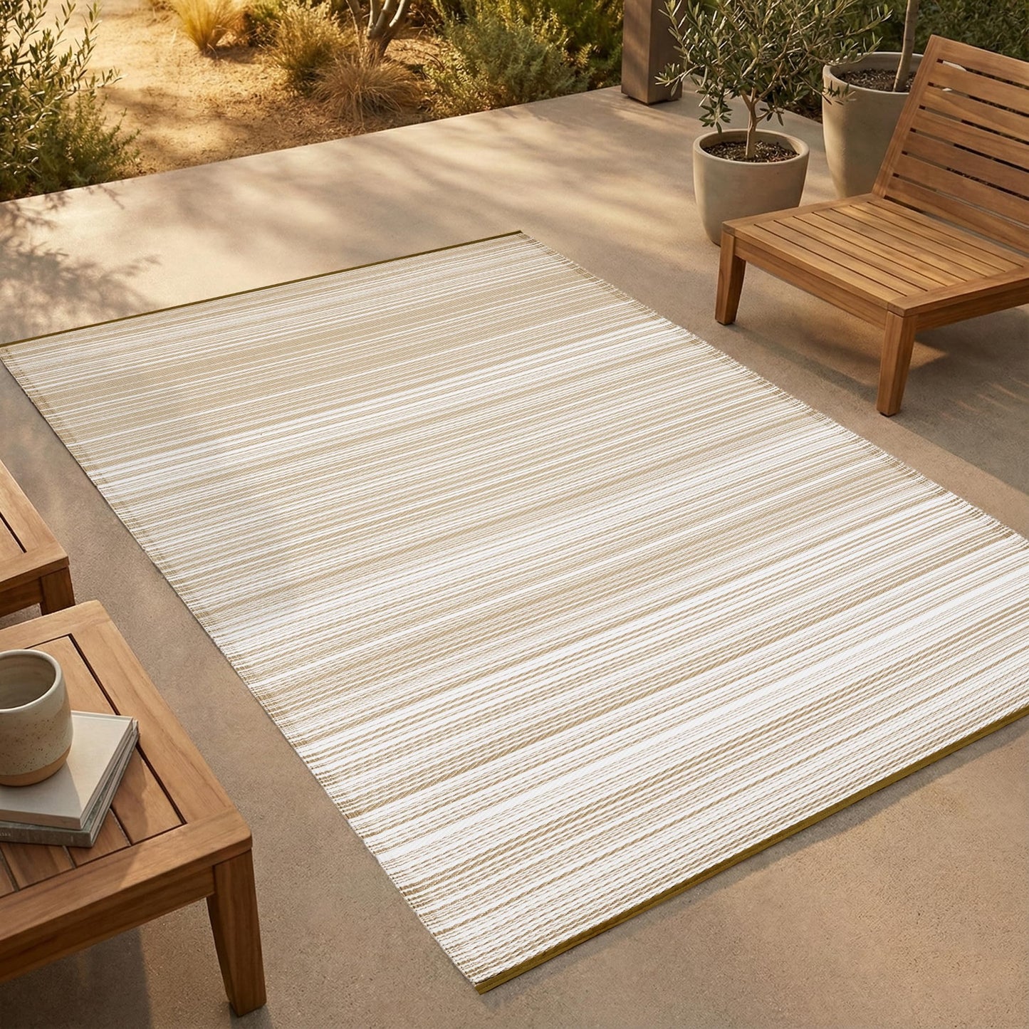FH Home Outdoor Rug - Waterproof, Fade Resistant, Reversible - Premium Recycled Plastic - Striped - Patio, Deck, Porch, Balcony - Havana - Beige Crease Free - 5 x 8 ft