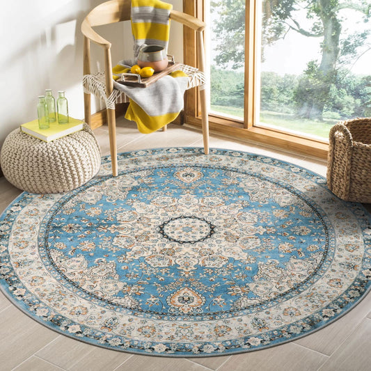 Lahome Felice Oriental Floral Medallion Round Rug - 4Ft Blue Vintage Round Kitchen Area Rug, Soft Non-Slip Washable Coffee Table Mat Indoor Accent Laundry Room Carpet for Classroom Entrance Office