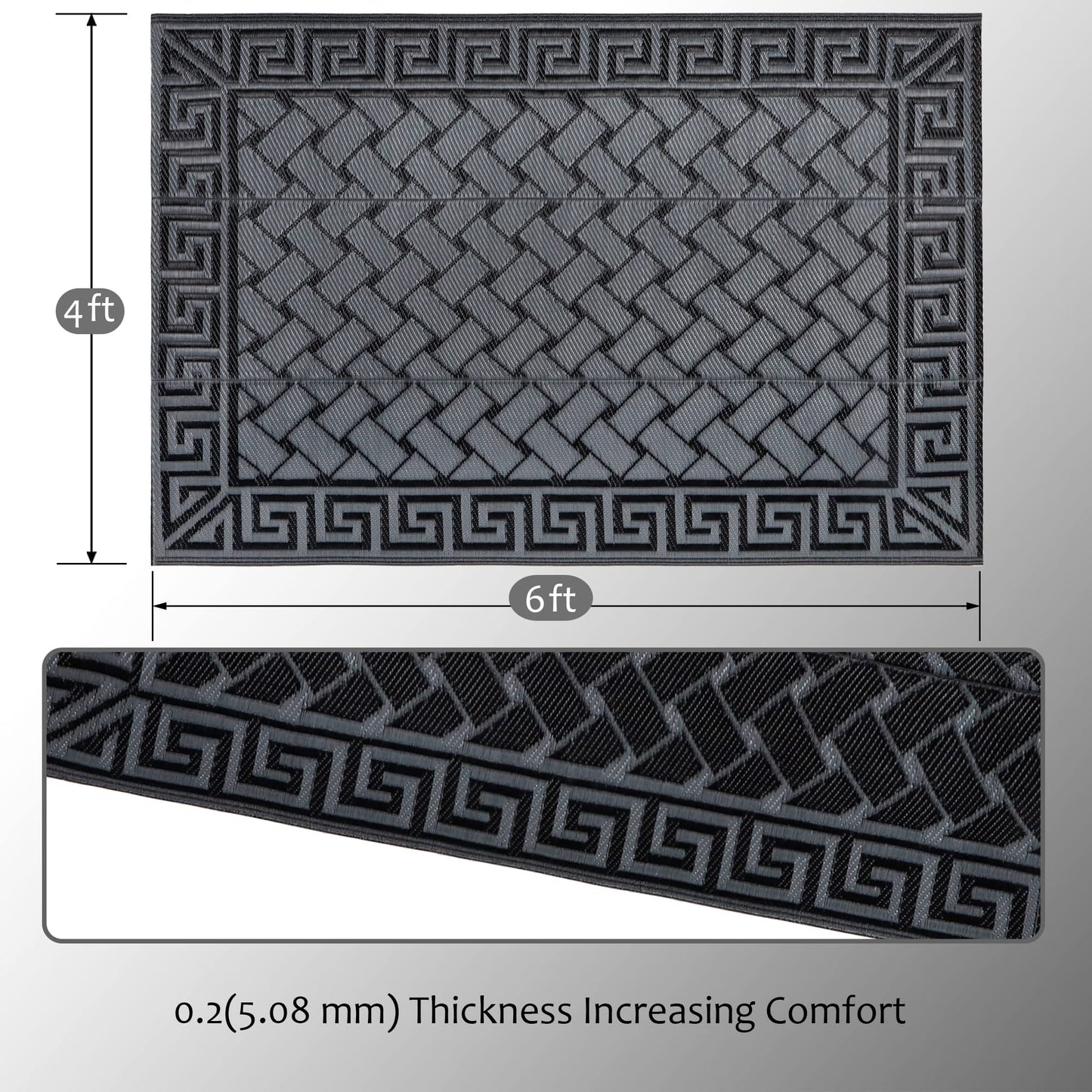 SAND MINE Reversible Mats, Plastic Straw Rug, Modern Area Rug, Large Floor Mat and Rug for Outdoors, RV, Patio, Backyard, Deck, Picnic, Beach, Trailer, Camping (4' x 6', Black & Grey)