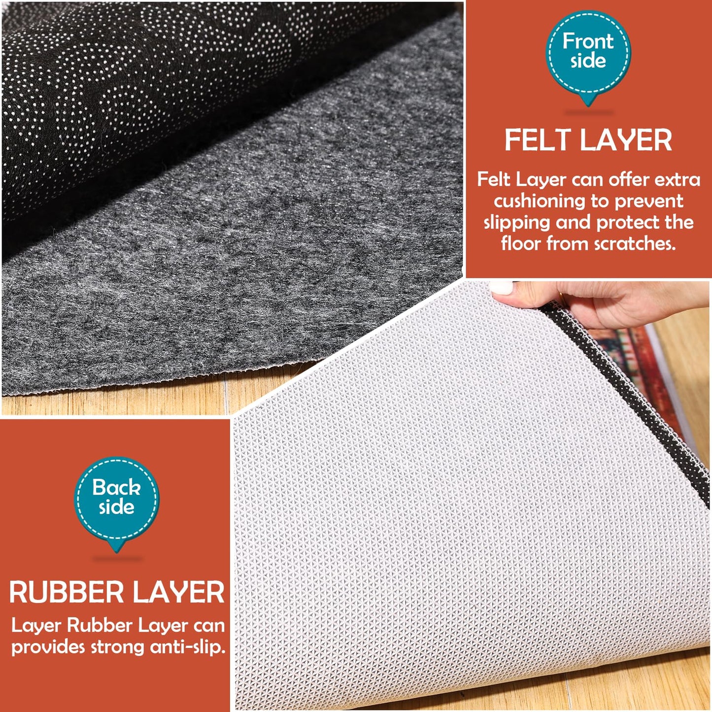 Waterproof Rug Pad, 5x7 Ft Under Area Rug Carpet Pad, Non Slip Rug Pads for All Floors and Hardwood Floors Finishes, Keep Carpets in Place Soft and Prevent Rug from Wrinkling or Buckling