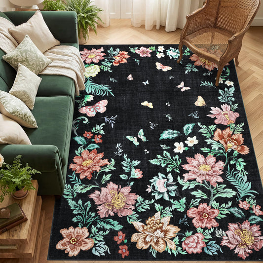 IDEALHOUSE Washable Area Rug, Soft Pearl Velvet Carpet, Non Slip Low Pile, Stain Resistance, Machine Washable Foldable Rug, Floral Pattern Modern, for Living Room, Bedroom, Dining Room, Black