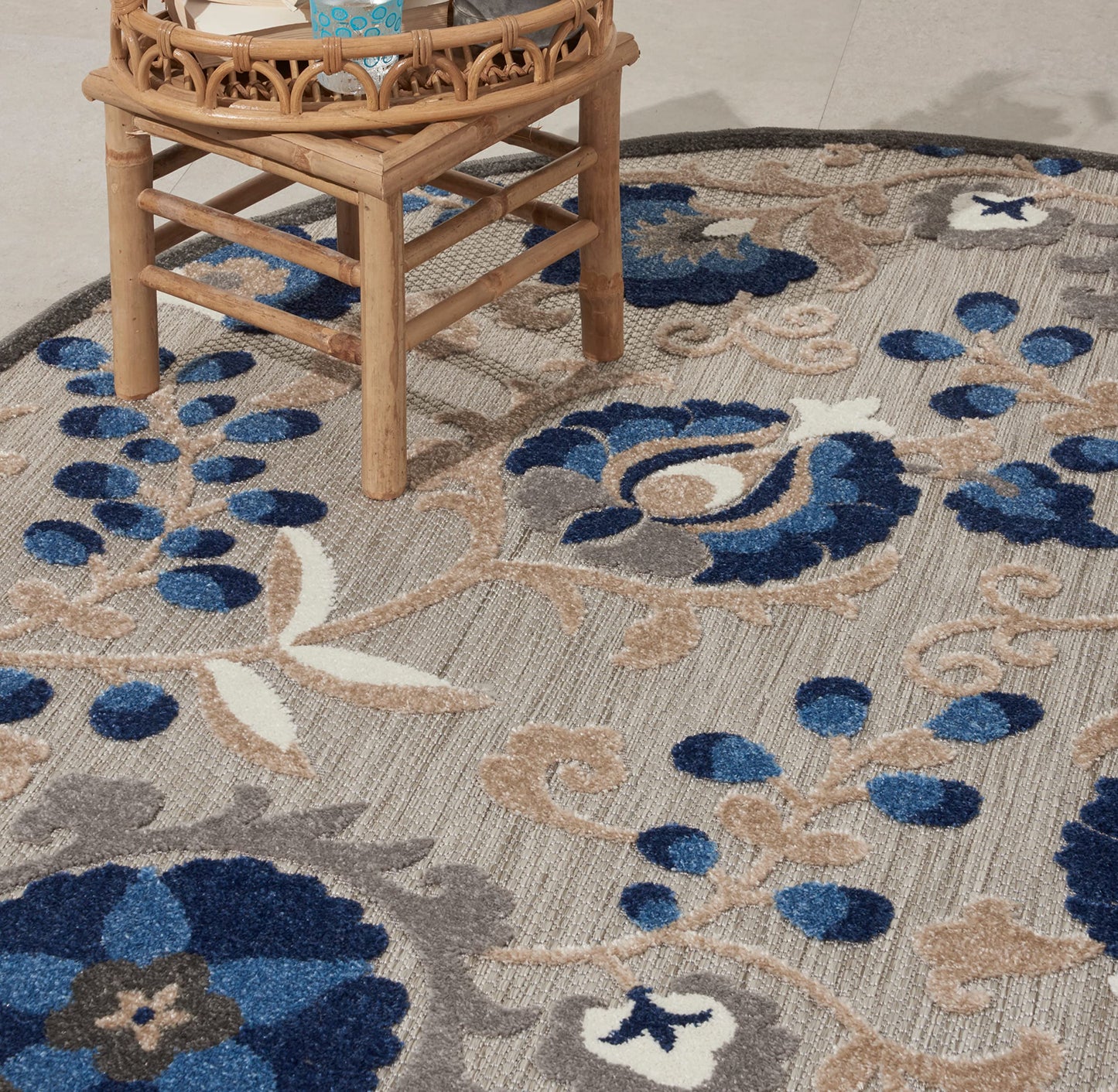 Nourison Home Aloha Natural Blue 4' x Round Area Rug - Easy Clean, Non Shedding, Bed Room, Living Room, Dining Room, Kitchen (4' x Round)