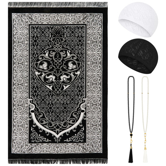 Bafeil Muslim Prayer Mat Set with Kufi Hat & Tasbih 99 Beads, Portable Islamic Prayer Rug Travel Foldable Sajjadah, Breathable Taqiyah Cap, Ramadan Eid Islamic Gifts for Men Women