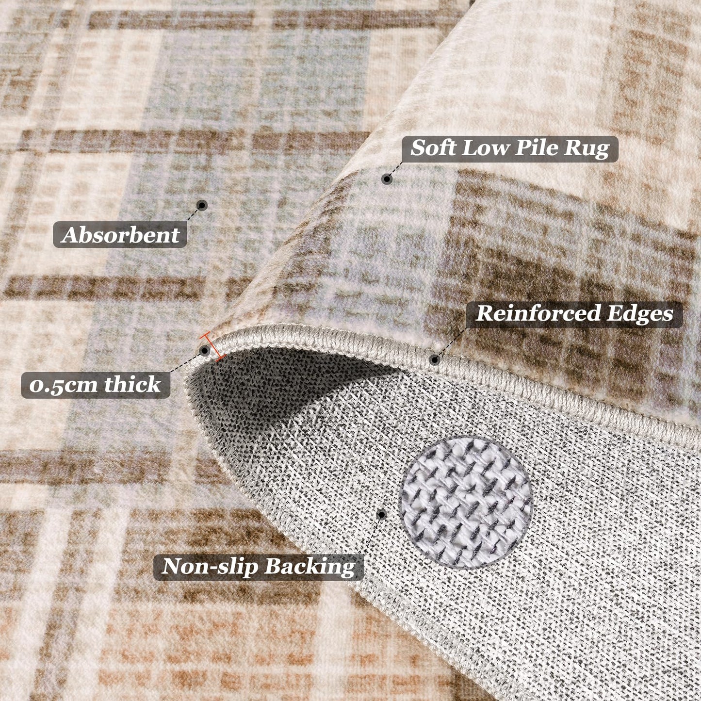 Rezutan Washable Rug 4x6 Plaid Rugs for Bedroom Non-Slip Neutral Floor Mat Indoor Soft Carpet Low Pile Foldable Thin Rugs for Living Room Dining Nursery Office, Caramel Beige Brown Gray