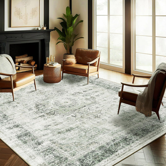 CHAMPLANT Washable Area Rug 8'x10' Floral Green Retro Boho Design Non-Shedding Non-Slip Easy Care Ideal for High Traffic Areas in Living Room Bedroom Office Coffee Table Kitchen Large Carpet