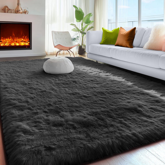PAGISOFE 4x6 Fluffy Bedroom Rugs Black Modern Living Room Area Rug Fuzzy Shaggy Carpet Indoor Plush Nursery Rugs for Kids Room Furry Floor Rug for Boys Carpet for Teen Dorm Room Decor