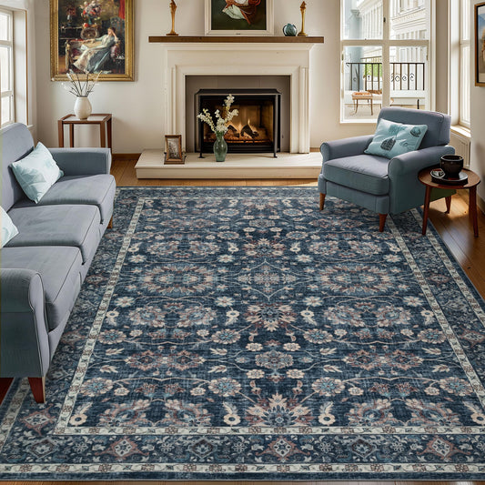Dotiiorug 8x10 Vintage Washable Area Rug for Living Room,Low Pile Non Slip Carpet Non-Shedding Large Area Rug Soft Indoor Stain Resistant Rug Floral Print Mat for Bedroom Dining Room Blue