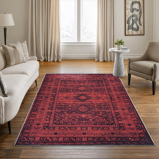Bloom Rugs Washable Non-Slip 5' x 7' Rug - Red Traditional Bordered Area Rug for Living Room, Bedroom, Dining Room, and Kitchen - Exact Size: 5' x 7'