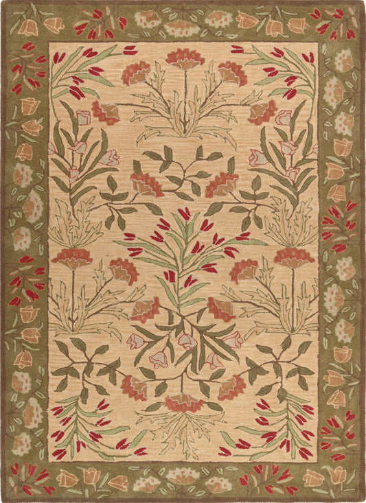RUGORIA Restoration and Renovation Handmade Floral Adeline Beige/Blue Tulips Traditional Crafted Wool Area Rug for Living Room Bedroom and Kitchen (Multi Color, 5' x 8')