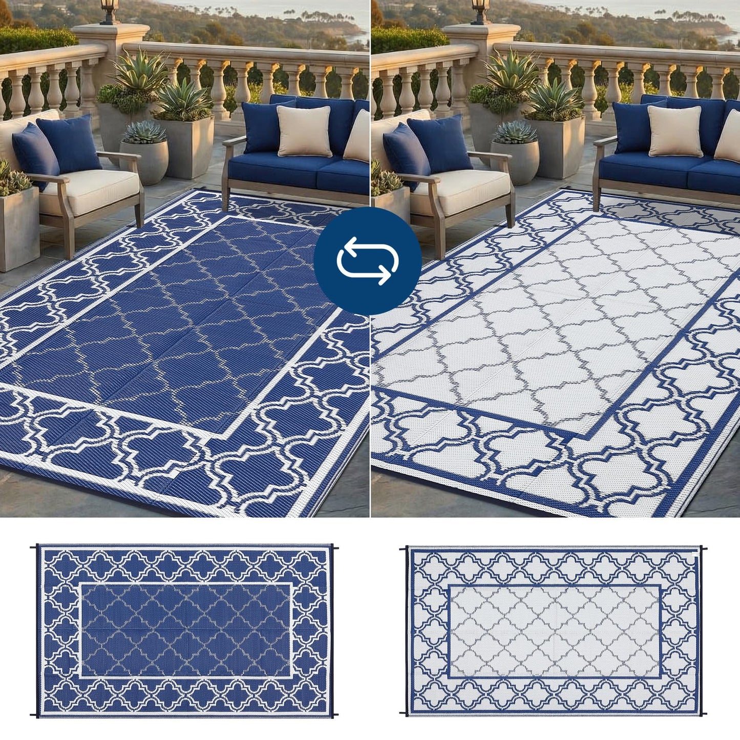 Garvee Reversible Outdoor Rug 9x12, Waterproof Outdoor Plastic Straw Rug with Interlacing Pattern, RV Mat for Picnics, Patio, Camping, Balcony, Deck, Backyard, Porch, Blue