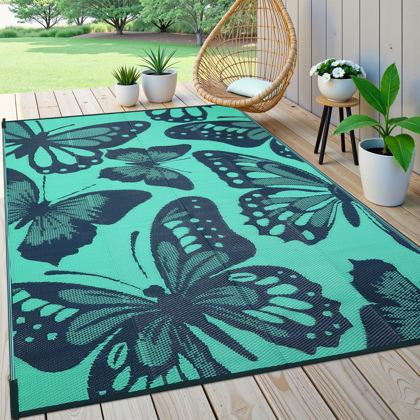 Uphome Outdoor Rug Waterproof 8x10 ft, Patio Plastic Straw Rugs for RV Camping, Reversible Mat Outside, Indoor Outdoor Large Floor Carpet for Back Yard Deck Balcony Porch Beach Picnic, Teal