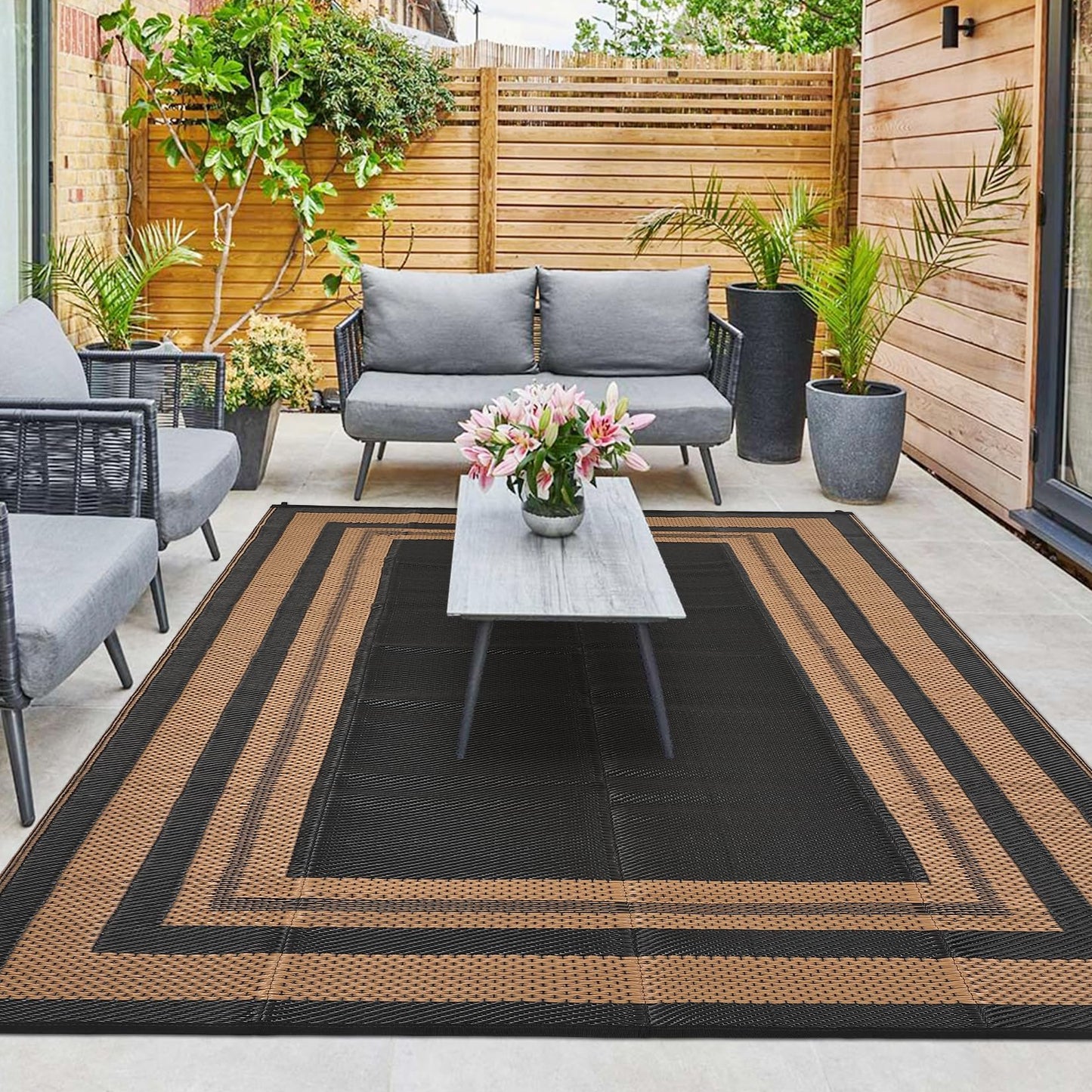 GAOMON 9x18 Plastic Straw Rug Outdoor Rugs for Patio Waterproof Reversible Mat Modern Bordered Camping Rug for Porch RV Backyard Pool Deck Picnic Beach Trailer Border-Black/Brown
