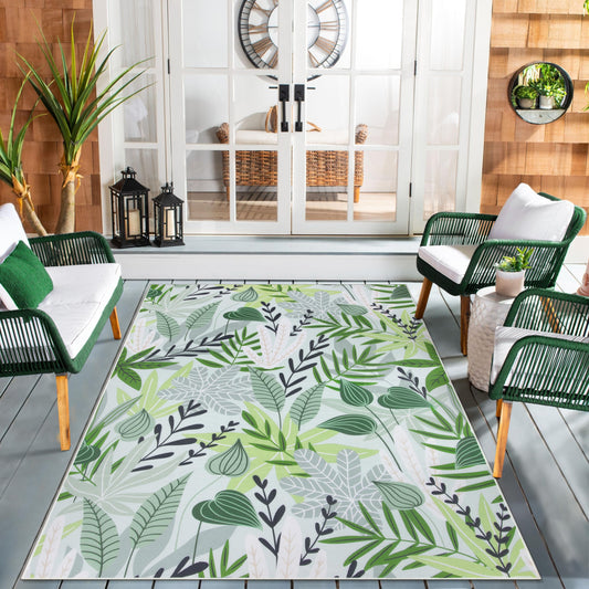 Lahome Leaf Indoor Outdoor Rug, 5x8ft Non Slip Outdoor Patio Rug for Balcony Deck, Portable Outdoor Carpet for Camping Picnic Backyard, Breathable RV Mat Outdoor Rugs for Living Room Bedroom,Green