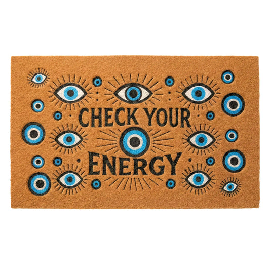 SAIONJI Check Your Energy with Evil Eye 30" x 18" Faux Coir Welcome Mat, Non-Slip Rubber Backing, Waterproof & Durable