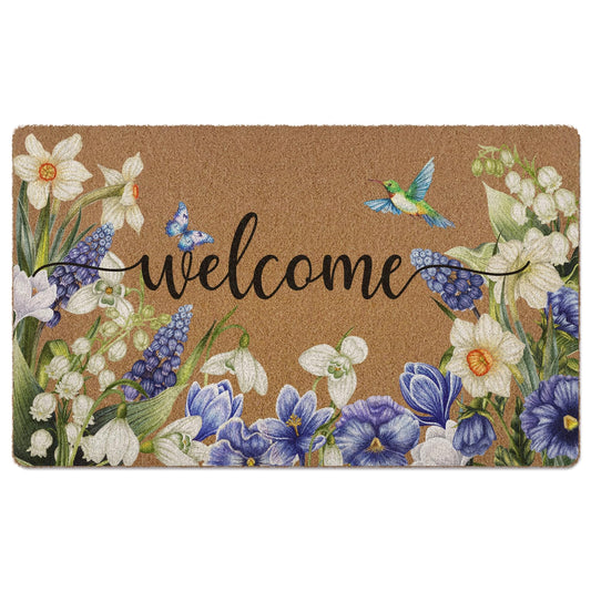 XLDLIOO Spring Floral Hummingbird Door Mat, Spring Butterfly Flower Welcome Front Door Mat Indoor Outdoor Entrance, Floral Artificial Coir Doormats Rugs for Porch Entryway Decor 30x17in