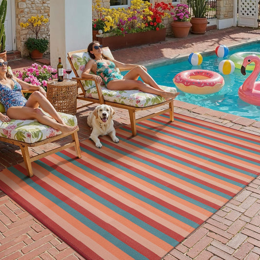 PureCozy Outdoor Waterproof Patio Rug 5x8 Plastic Straw Reversible Outside Orange Red Colorful Striped Carpet Lightweight Large Rug for Camping RV Porch Deck Balcony Beach