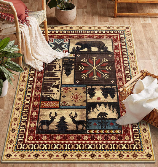 LOKHOM Vintage Bear Area Rug 3x5 Washable Bedroom Rug, Rustic Western Buffalo Bear Decor Living Room Rug, Non Slip Soft Low Pile Area Carpet for Bedroom Kitchen Bathroom